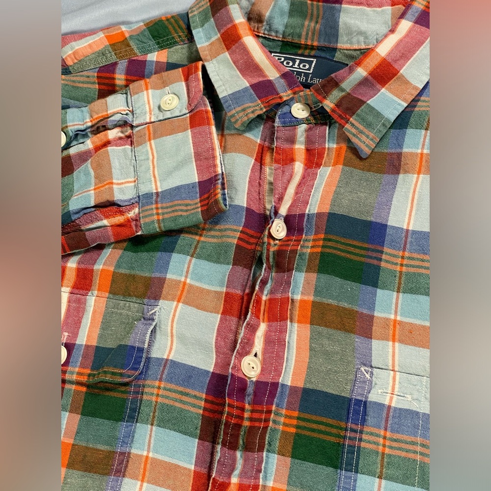 Polo Ralph Lauren Linen Silk Blend Plaid Long Sleeve Pocket Button Up XL